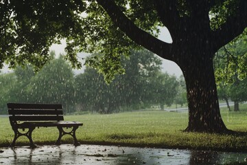 An empty park bench under a large tree during a rainstorm