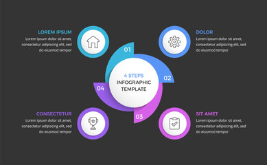 Circle infographic template with 4 elements, dark background, vector eps10 illustration