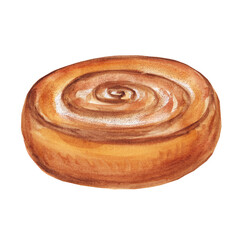 
Cinnamon bun, roll with cream fudge. Bakery item made of butter dough, cookie, bun, homemade baking for breakfast, coffee time. Hand drawn watercolor illustration.