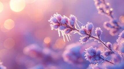 Obraz premium Frost-Covered Branch with Pink and Purple Bokeh Background