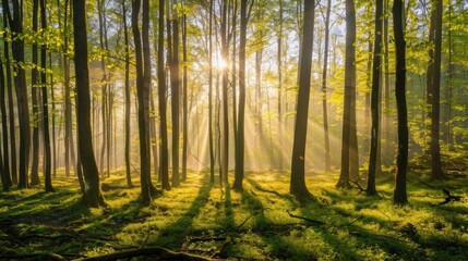 Obraz premium wood forest with sunlight shining through the trees.