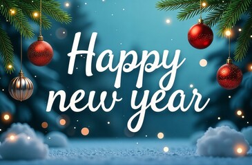 Christmas tree branches with red and silver toy balls, on a blue background with the text "Happy New Year". New Year card, banner.