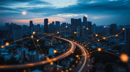 Fototapeta premium Smart digital Innovation Business skyscrapers in the Financial District with connection network reciprocity over the cityscape. of future smart wireless digital city and social media networking