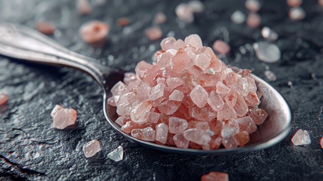 A close-up shot of pink Himalayan salt crystals on a metal spoon. The salt is a beautiful shade of pink, and the crystals are very visible. - Powered by Adobe