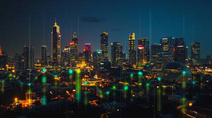 Fototapeta premium Smart digital Innovation Business skyscrapers in the Financial District with connection network reciprocity over the cityscape. of future smart wireless digital city and social media networking