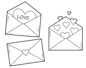 Love message envelopes set. Love and romantic symbol concept. Outline illustration, isolated on white background, design elements