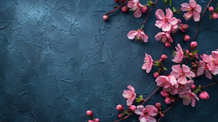 Pink cherry blossoms on dark blue textured background with copy space