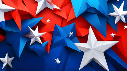 Abstract red and blue geometric shapes with white star motifs and artistic design.