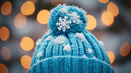 Close-up of a Blue Knitted Winter Hat with a Snowflake Decoration