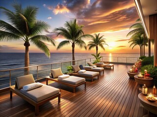 Naklejka premium Serene Spa Retreat with Ocean Views: Passengers Enjoying Relaxing Treatments on a Luxurious Deck Promoting Wellness and Tranquility in a Coastal Setting