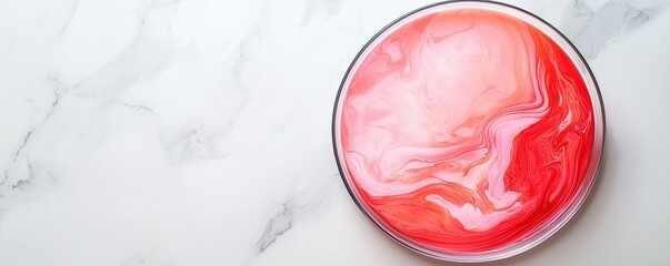 Fototapeta premium A vibrant dessert with swirls of pink and white, beautifully presented on a marbled surface, inviting a closer look and tempting taste.