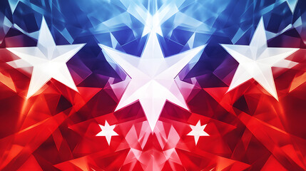 Abstract red and blue geometric shapes with white star motifs and artistic design.