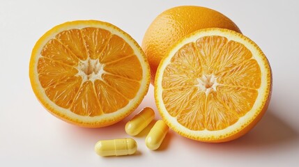 Vitamin C pills next to fresh oranges on a solid white background