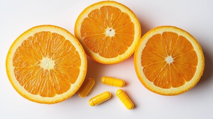 Fototapeta premium Vitamin C pills next to fresh oranges on a solid white background