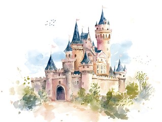 A watercolor illustration of a fairy castle on a white background