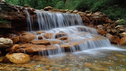 Fototapeta premium A serene waterfall cascading over rocks in a lush green setting.