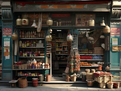 The entrance of 'Bharat Arif Uaju' store features a blue facade, red sign, and window display filled with bags, bottles, and decorative items.