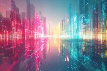 Fototapeta premium A Futuristic Cityscape with Vibrant Neon Lights Reflecting on Water, Creating an Ethereal Atmosphere of Modern Urban Development at Dawn