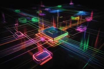 Futuristic Digital Circuit Board with Vibrant Light Trails and Colorful Connections Representing Advanced Computer Technology and Connectivity in Data Processing