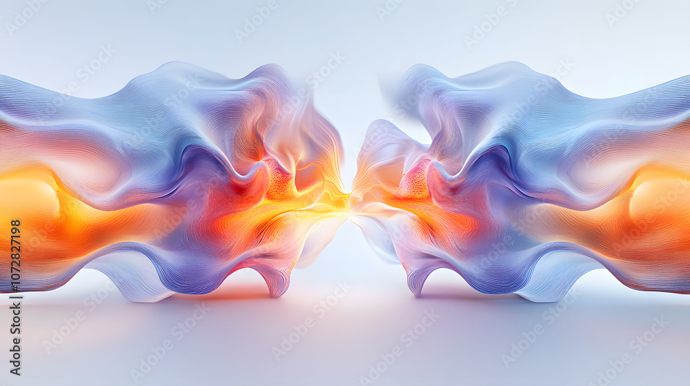Poster an abstract digital artwork depicting two fluid forms converging, emitting an ethereal glow in vibra