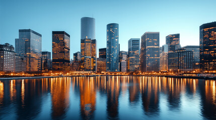 Fototapeta premium Vibrant urban skyline at night with reflections on water, showcasing modern architecture and city lights. stunning view that captures essence of city life