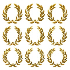 A grid of nine golden laurel wreaths, with varying leaf sizes and shapes, set against a white background.