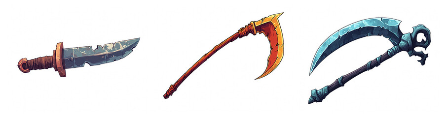 A Collection of Unique Fantasy Weapons Featuring a Dagger, a Scythe, and a Bone-Inspired Sword for Video Games and Illustrations