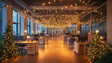Modern office adorned with Christmas lights and decorated trees, creating a warm and festive holiday atmosphere in the workspace.