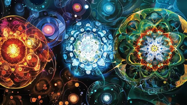 An artistic illustration of the three generations of leptons each represented by a different pattern or design.