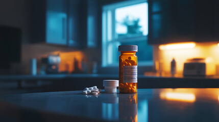 Stabilizing medication on counter, prescription bottle, soft ambient lighting, 8k, hyper realistic, real life based.