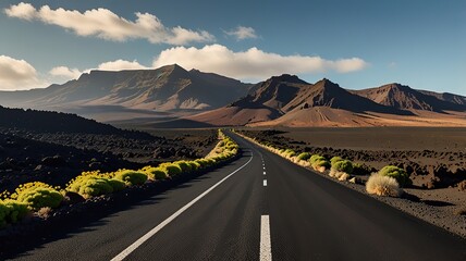 Image related to unexplored road journeys and adventures.Road through the scenic landscape to the destination in Lanzarote natural park