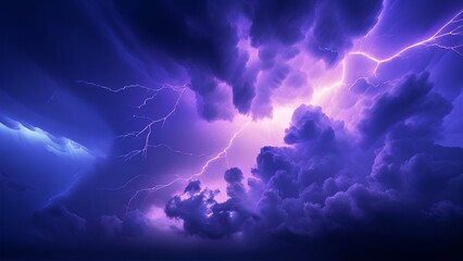 Ominous Cloudscape with Bright Purple Lightning and Deep Blue Background Creating a Powerful Atmosphere
