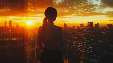 Fototapeta premium Abstract business woman stands on the peak of success amid tall, innovative Smart city and graphs with statistics to analyze business potential and predict future developments in company growth.