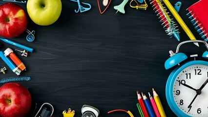 Vibrant School Essentials: Red and Green Apples, Notebooks, and Various Stationery Items Creating a Border on a Black Background.