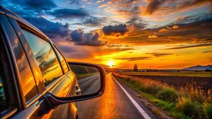 Silhouette of a Car with Rearview Mirror Displaying Blind Spot Warning Signals Amidst a Scenic Road, Emphasizing Advanced Crash Avoidance Technology for Enhanced Safety