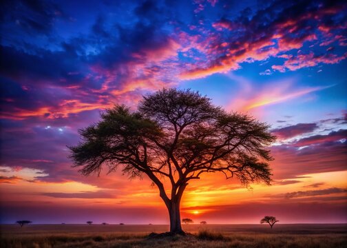 Silhouette of a Majestic Tree Against the Colorful Dusk Sky in Riffa, Bahrain, Capturing the Essence of Nature&rsquo;s Beauty and Tranquility at Twilight