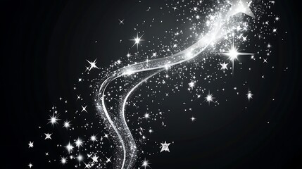 A Silver Star Trail with Sparkles on a Black Background