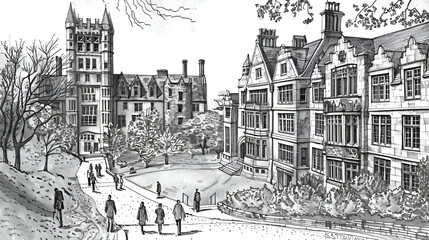 Detailed Sketch of Historic University Campus, Black and White Drawing of College Buildings