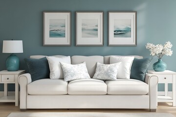 ブルーとホワイトを基調としたエレガントなリビングルームインテリア | Elegant Living Room Interior with Blue and White Accents