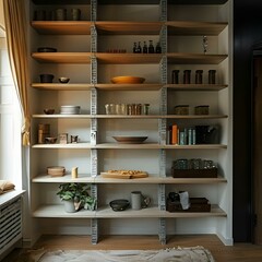 Minimalist Elegance: A Modern Kitchen Featuring Open Shelving, Neatly Arranged Kitchenware, and a Touch of Greenery in a Contemporary Space.