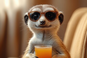 Funny Meerkat Sitting in an Armchair with a Drink and Sneakers – Wearing Sunglasses and Watching a Movie in a Cinema

