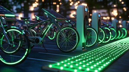 A network of sleek electric bicycles parked at a solar-powered charging station in a clean, modern city. The station is equipped with glowing green panels that harness renewable energy