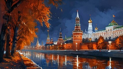 Obraz premium Autumn Serenity: A Realistic Painting of Red Square in Moscow at Sunset, with Vibrant Colors, Autumn Foliage, and Calm River Reflections.