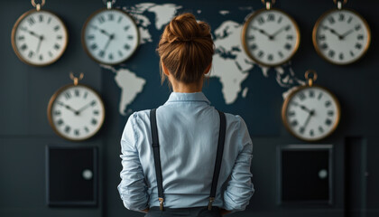 A professional woman stands before a world map adorned with multiple clocks, symbolizing global time zones and international connections.