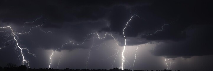 Electricity surges through the night sky as bolts of lightning strike through a dark and ominous thunderstorm, lightning, thunderstorm, flashes