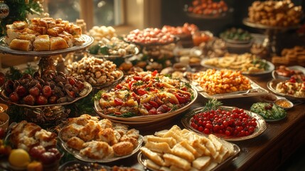Obraz premium A lavish spread of assorted festive foods on elegant platters.