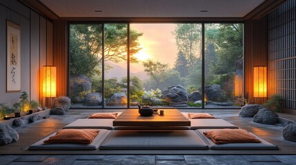 Fototapeta premium Serene Japanese interior with a view of nature at sunset.