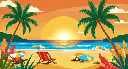 Obraz premium Golden sunset beach scene and theme in illustration background
