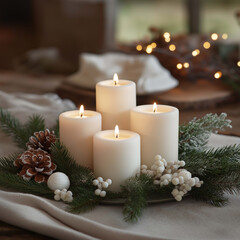 serene arrangement of five white candles surrounded by pine branches, pinecones, and decorative berries, creating cozy and inviting atmosphere perfect for holiday season