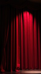 Elegant red velvet curtain hanging on a stage in a theater, stage presence, ornate, dramatic effect